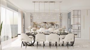 Projekt salonu połączonego z kuchnią przedstawia oryginalny stół jadalniany z widokiem na aneks kuchennych oraz morze.
