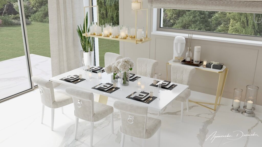 Aranżacja wybranej przestrzeni w domu w Berlinie przedstawia stół z krzesłami, konsolę z detalami i stylową lampę. Okna zostały zaakcentowane eleganckimi, zasłonami nadającymi charakteru.